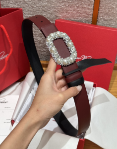 Roger Vivier Crystal Pearls Buckle Red Leather Belt 30MM Roger Vivier Crystal Pearls Buckle Red Leather Belt 30MM