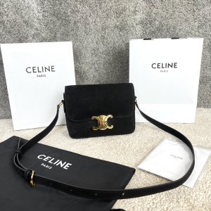 Celine Teen Triomphe Flap Shoulder Crossbody Bag Black Suede Leather Celine Teen Triomphe Flap Shoulder Crossbody Bag Black Suede Leather