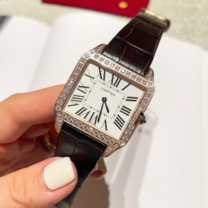 Cartier Santos Dumont Quartz Rose Gold Silver Dial Diamonds Black Leather Strap Watch Cartier Santos Dumont Quartz Rose Gold Silver Dial Diamonds Black Leather Strap Watch