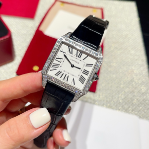 Cartier Santos Dumont Quartz White Gold Silver Dial Diamonds Black Leather Strap Watch Cartier Santos Dumont Quartz White Gold Silver Dial Diamonds Black Leather Strap Watch