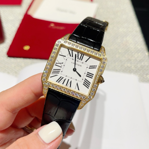 Cartier Santos Dumont Quartz Yellow Gold Silver Dial Diamonds Black Leather Strap Watch Cartier Santos Dumont Quartz Yellow Gold Silver Dial Diamonds Black Leather Strap Watch
