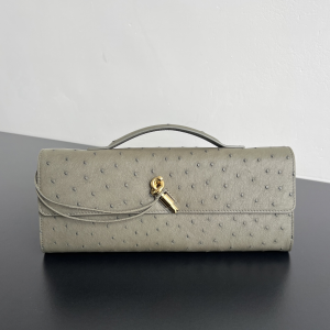 Bottega Veneta Long Clutch Andiamo Bag with Handle Dark Green Ostrich Leather Bottega Veneta Long Clutch Andiamo Bag with Handle Dark Green Ostrich Leather