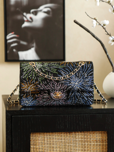 Chanel Coco Neige Evening Medium Flap Bag Black Multicolor Strass and Gold Metal Chanel Coco Neige Evening Medium Flap Bag Black Multicolor Strass and Gold Metal