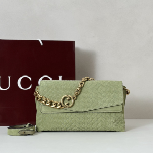 Gucci Medium Shoulder Bag with Chain Light Green GG Embossed Suede Leather Gucci Medium Shoulder Bag with Chain Light Green GG Embossed Suede Leather