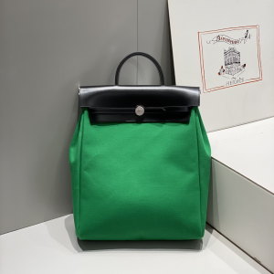 Hermes Herbag A Dos Zip Canvas and Leather Backpack Bag Green Black Hermes Herbag A Dos Zip Canvas and Leather Backpack Bag Green Black