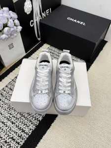 Chanel Silver Leather Sneakers