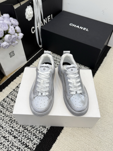 Chanel Silver Leather Sneakers