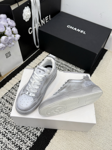 Chanel Silver Leather Sneakers