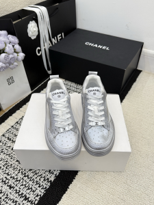 Chanel Silver Leather Sneakers