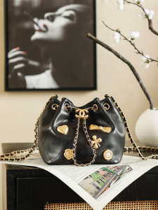 Chanel Mini Drawstring Bucket Shoulder Bag with Charms Black Quilted Leather Chanel Mini Drawstring Bucket Shoulder Bag with Charms Black Quilted Leather