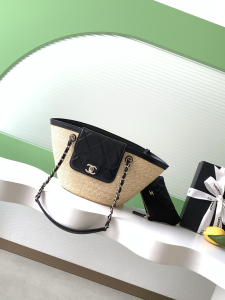 Chanel Small Shopping Bag Beige Braided Straw and Black Lambskin Chanel Small Shopping Bag Beige Braided Straw and Black Lambskin