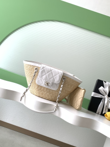 Chanel Small Shopping Bag Beige Braided Straw and White Lambskin Chanel Small Shopping Bag Beige Braided Straw and White Lambskin