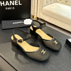 Chanel CC Logo Black Fishnet and Leather Slingback Pumps Chanel CC Logo Black Fishnet and Leather Slingback Pumps