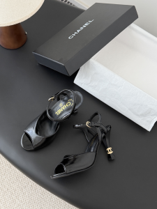 Chanel CC Logo Heeled Black Leather Sandals 80MM Chanel CC Logo Heeled Black Leather Sandals 80MM