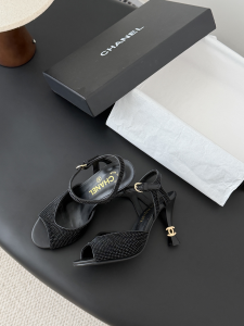 Chanel CC Logo Heeled Black Leather Sandals 80MM Chanel CC Logo Heeled Black Leather Sandals 80MM