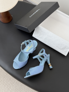 Chanel CC Logo Heeled Light Blue Leather Sandals 80MM Chanel CC Logo Heeled Light Blue Leather Sandals 80MM