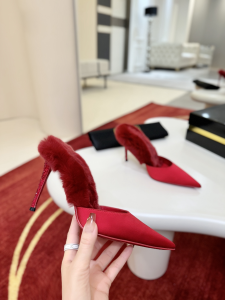 Christian Louboutin Kate KM Red Faux Fur Satin Mule Pumps 85MM Christian Louboutin Kate KM Red Faux Fur Satin Mule Pumps 85MM