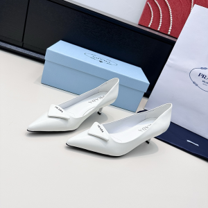 Prada Triangle Logo Plaque Leather Pumps White 55MM Prada Triangle Logo Plaque Leather Pumps White 55MM