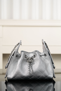 Chanel Vip 25 Mini Bucket Hobo Shoulder Bag Silver Grained Calfskin Leather Chanel Vip 25 Mini Bucket Hobo Shoulder Bag Silver Grained Calfskin Leather