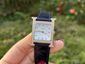 Hermes Crystals Heure H Watch Navy Blue Crocodile Leather Strap Hermes Crystals Heure H Watch Navy Blue Crocodile Leather Strap