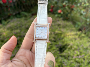Hermes Crystals Heure H Watch White Crocodile Leather Strap Hermes Crystals Heure H Watch White Crocodile Leather Strap