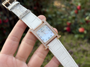Hermes Crystals Heure H Watch White Crocodile Leather Strap Hermes Crystals Heure H Watch White Crocodile Leather Strap