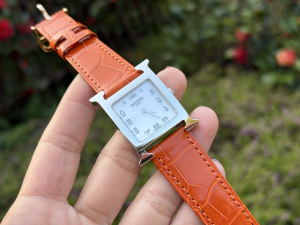 Hermes Heure H Watch Orange Crocodile Leather Strap Hermes Heure H Watch Orange Crocodile Leather Strap
