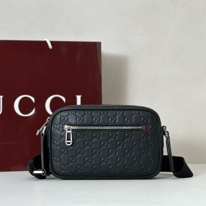 Gucci GG Emblem Small Crossbody Bag Black Embossed GG Smooth Leather Gucci GG Emblem Small Crossbody Bag Black Embossed GG Smooth Leather