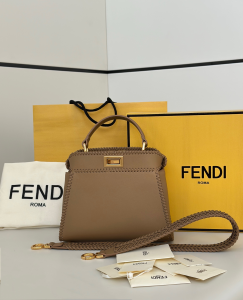 Fendi Peekaboo Mini Shoulder Crossbody Bag Cappuccino brown leather with threading Fendi Peekaboo Mini Shoulder Crossbody Bag Cappuccino brown leather with threading