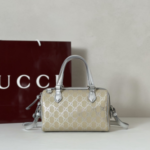 Gucci GG Emblem Small Boston Duffle Bag Beige Silver GG Monogram Fabric Gucci GG Emblem Small Boston Duffle Bag Beige Silver GG Monogram Fabric