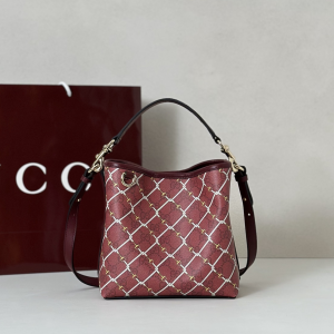 Gucci GG Emblem Small Bucket Bag Red Pink GG Monogram Canvas Fabric Gucci GG Emblem Small Bucket Bag Red Pink GG Monogram Canvas Fabric