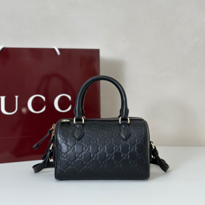 Gucci GG Emblem Small Duffle Bag Black Embossed GG Smooth Leather Gucci GG Emblem Small Duffle Bag Black Embossed GG Smooth Leather
