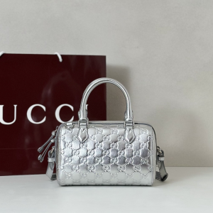 Gucci GG Emblem Small Duffle Bag Silver Embossed GG Smooth Leather Gucci GG Emblem Small Duffle Bag Silver Embossed GG Smooth Leather