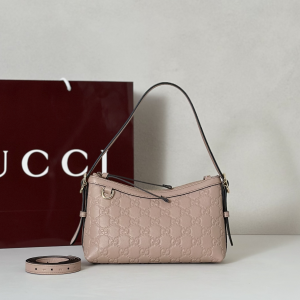 Gucci GG Emblem Small Shoulder Bag Light Pink GG Embossed Leather Gucci GG Emblem Small Shoulder Bag Light Pink GG Embossed Leather