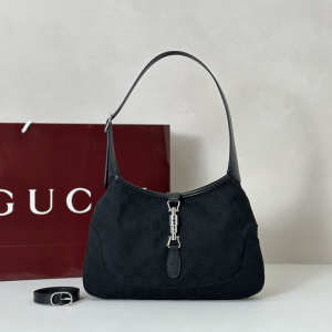 Gucci Jackie 1961 Medium Hobo Shoulder Bag Black GG Canvas Fabric Gucci Jackie 1961 Medium Hobo Shoulder Bag Black GG Canvas Fabric