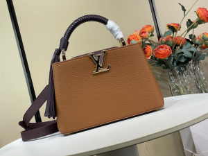 Louis Vuitton Sac Capucines BB Tote Shoulder Bag with Woven Handle Brown Burgundy Grained Calf Leather Louis Vuitton Sac Capucines BB Tote Shoulder Bag with Woven Handle Brown Burgundy Grained Calf Leather