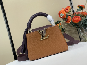 Louis Vuitton Sac Capucines Mini Tote Shoulder Bag with Woven Handle Brown Burgundy Grained Calf Leather Louis Vuitton Sac Capucines Mini Tote Shoulder Bag with Woven Handle Brown Burgundy Grained Calf Leather