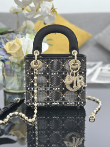 Dior Mini Lady Dior Chain Shoulder Bag Black Microbead Embroidered Cotton with Cannage Dior Mini Lady Dior Chain Shoulder Bag Black Microbead Embroidered Cotton with Cannage