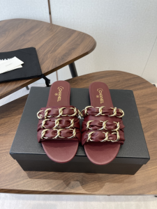 Chanel Red Leather and Chain Flat Slides Sandals Chanel Red Leather and Chain Flat Slides Sandals