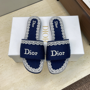 Dior Dentelle Flat Slide Sandals Blue Dior Oblique Embroidered Cotton and White Lace Dior Dentelle Flat Slide Sandals Blue Dior Oblique Embroidered Cotton and White Lace