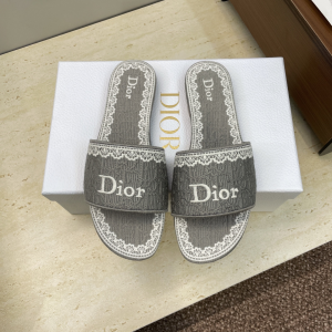 Dior Dentelle Flat Slide Sandals Gray Dior Oblique Embroidered Cotton and White Lace Dior Dentelle Flat Slide Sandals Gray Dior Oblique Embroidered Cotton and White Lace