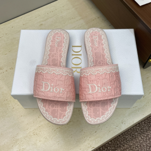 Dior Dentelle Flat Slide Sandals Pink Dior Oblique Embroidered Cotton and White Lace Dior Dentelle Flat Slide Sandals Pink Dior Oblique Embroidered Cotton and White Lace