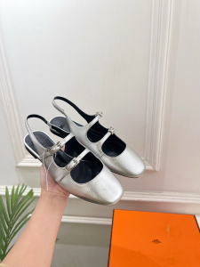 Hermes Mila Slingback Flats Silver Calfskin Leather Hermes Mila Slingback Flats Silver Calfskin Leather