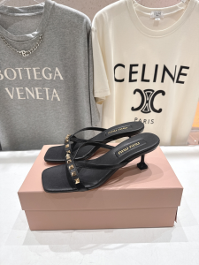 Miu Miu Studs Black Leather Slides Sandals 50MM Miu Miu Studs Black Leather Slides Sandals 50MM