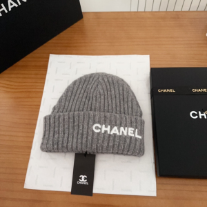 Chanel Logo Cashmere Knit Beanie Gray