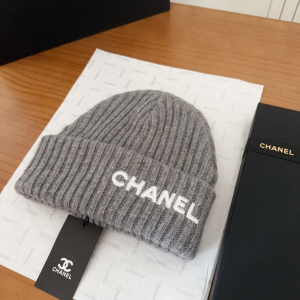 Chanel Logo Cashmere Knit Beanie Gray