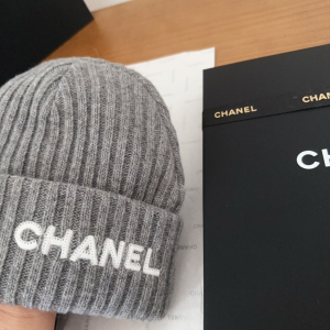 Chanel Logo Cashmere Knit Beanie Gray