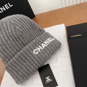 Chanel Logo Cashmere Knit Beanie Gray