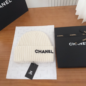 Chanel Logo Cashmere Knit Beanie White