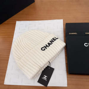 Chanel Logo Cashmere Knit Beanie White